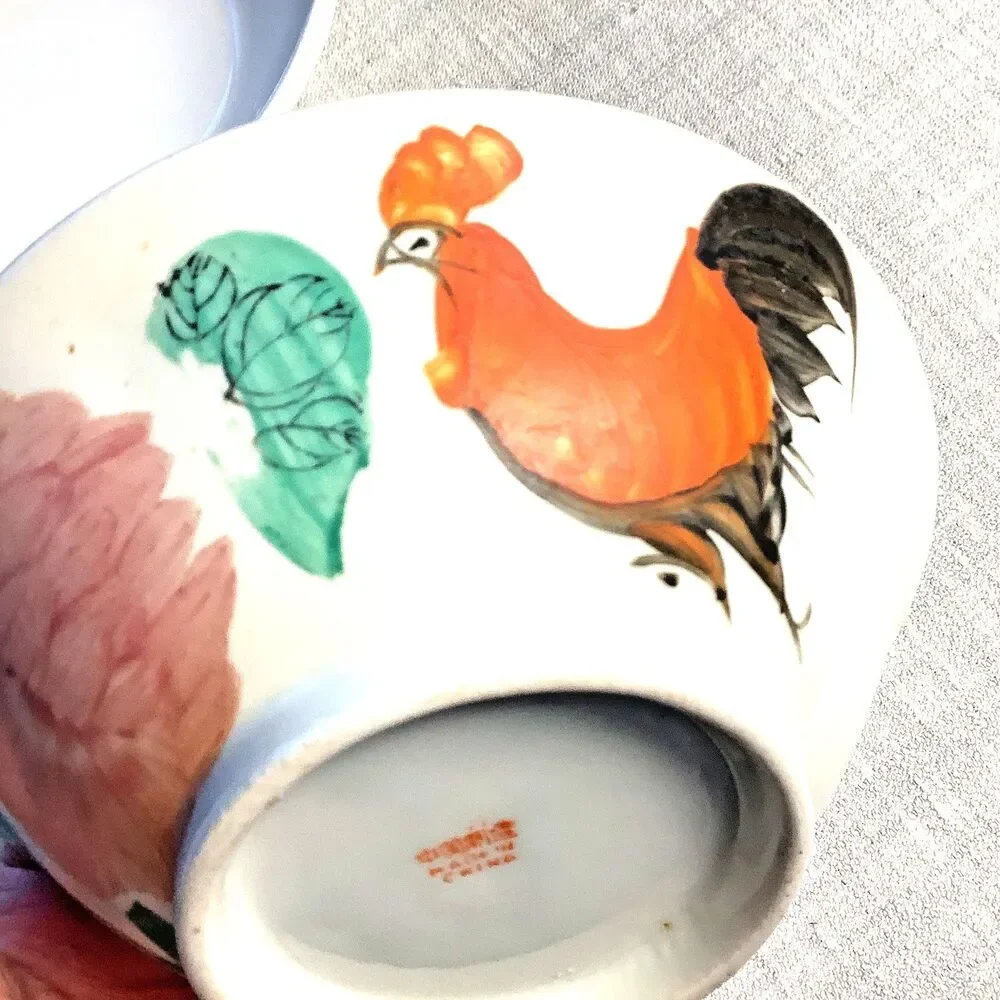 Vintage Handpainted Rooster Bowls Asian Ceramic Set of 2